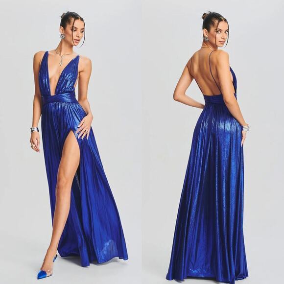 Retrofete Kelsey Dress Backless Metallic A-Line Gown Maxi Cobalt Blue NWT Large - Picture 1 of 13